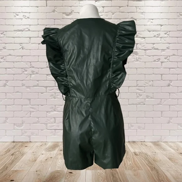 Sleeveless Green Faux-Leather Romper with Tie Waist - Picture 6 of 8